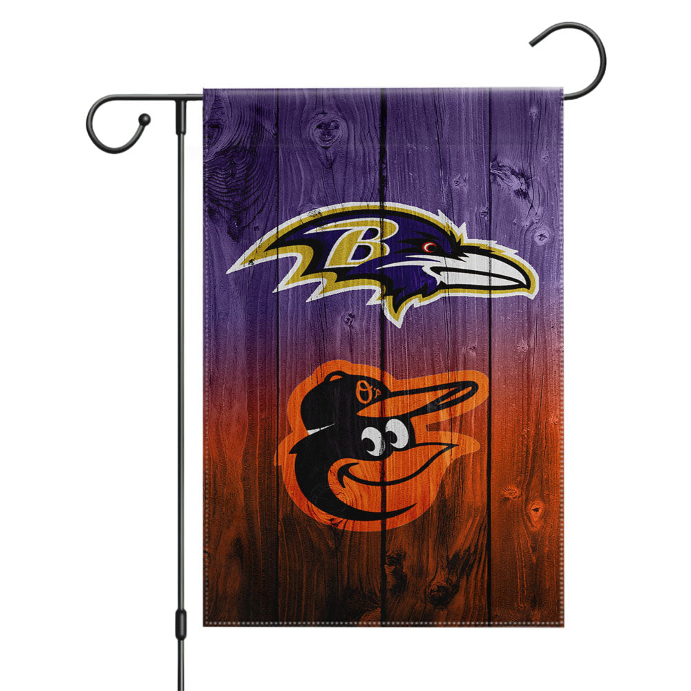 Baltimore Ravens Nfl Orioles Mlb Logo Dark Wood Garden Flags Yard Outdoor Lawn 12 X 18