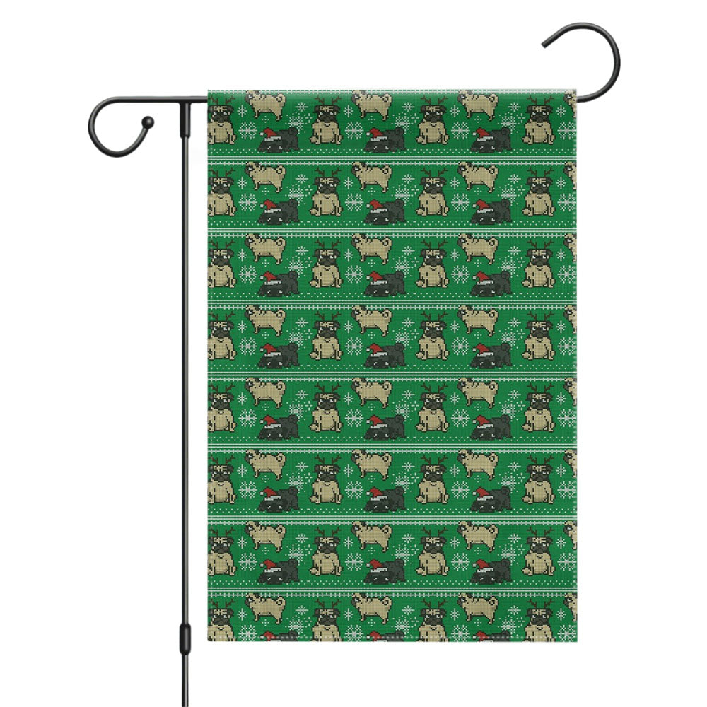 Christmas Pug Green Winter Pattern Garden Flags Yard Outdoor Lawn 12 X 18