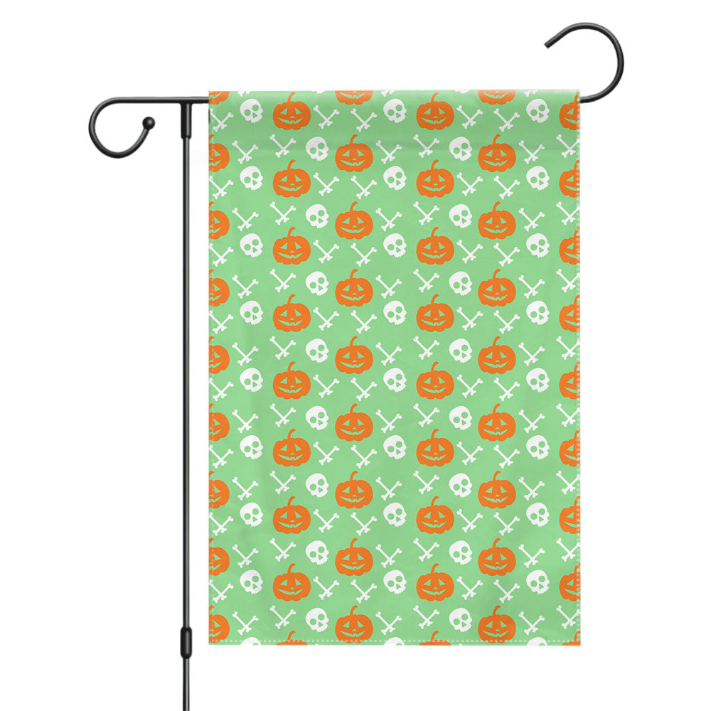 Green Pattern Pumpkins Bone And Head Skeleton Halloween Garden Flags Yard Outdoor Lawn 12 X 18