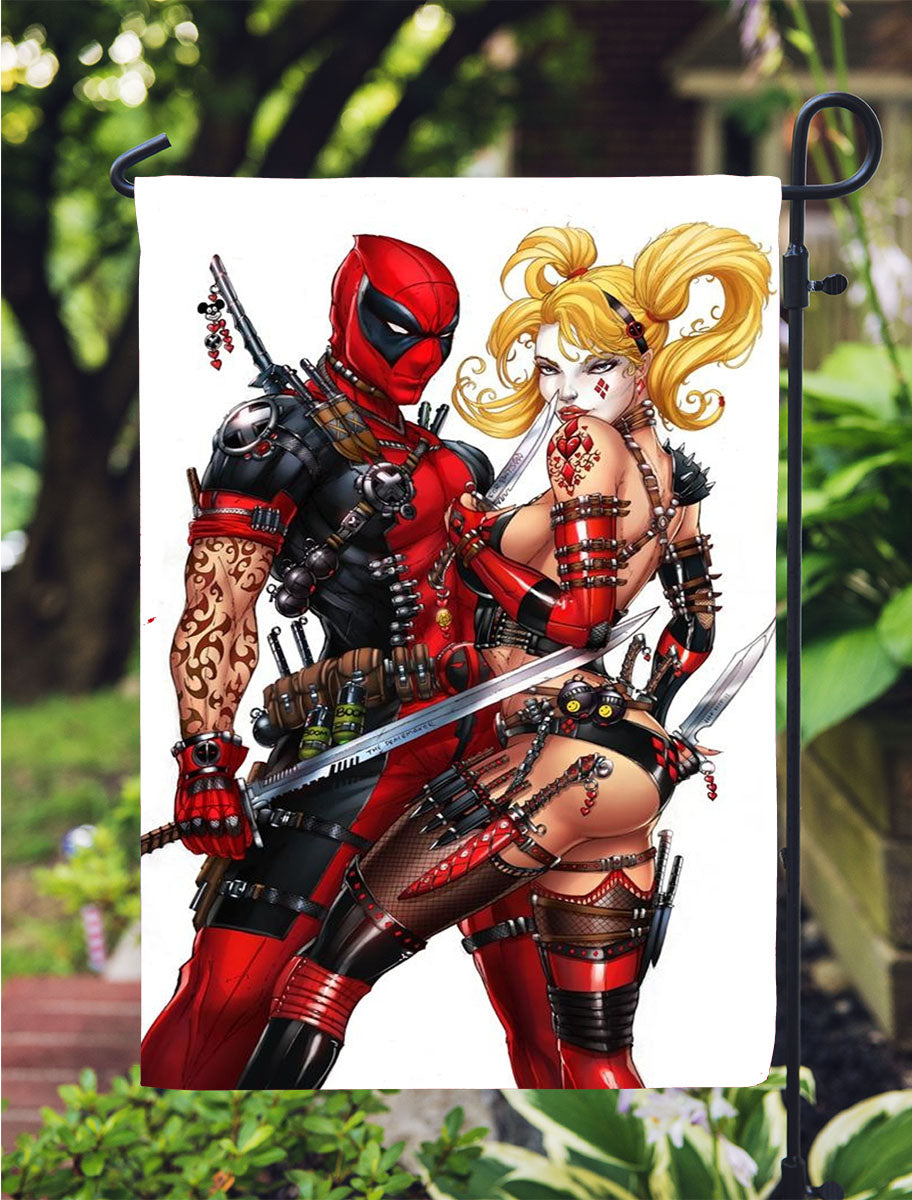 Harley Quinn And Deadpool Garden Flag Outdoor Lawn 12X18 Inch
