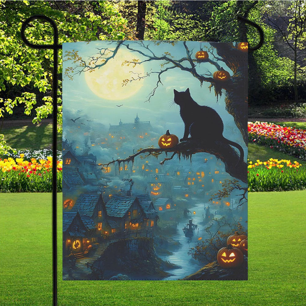 Haunted Village Black Cat Halloween Garden Flag Yard Sign Outdoor Lawn 12 X 18 inch