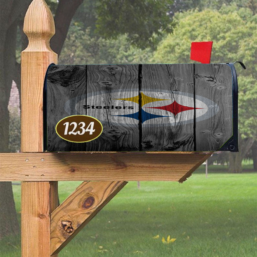 Pittsburgh Steelers Nfl Logo Dark Wood Wallpaper Magnetic Mailbox Cover 18" X 21" Outdoor Decor