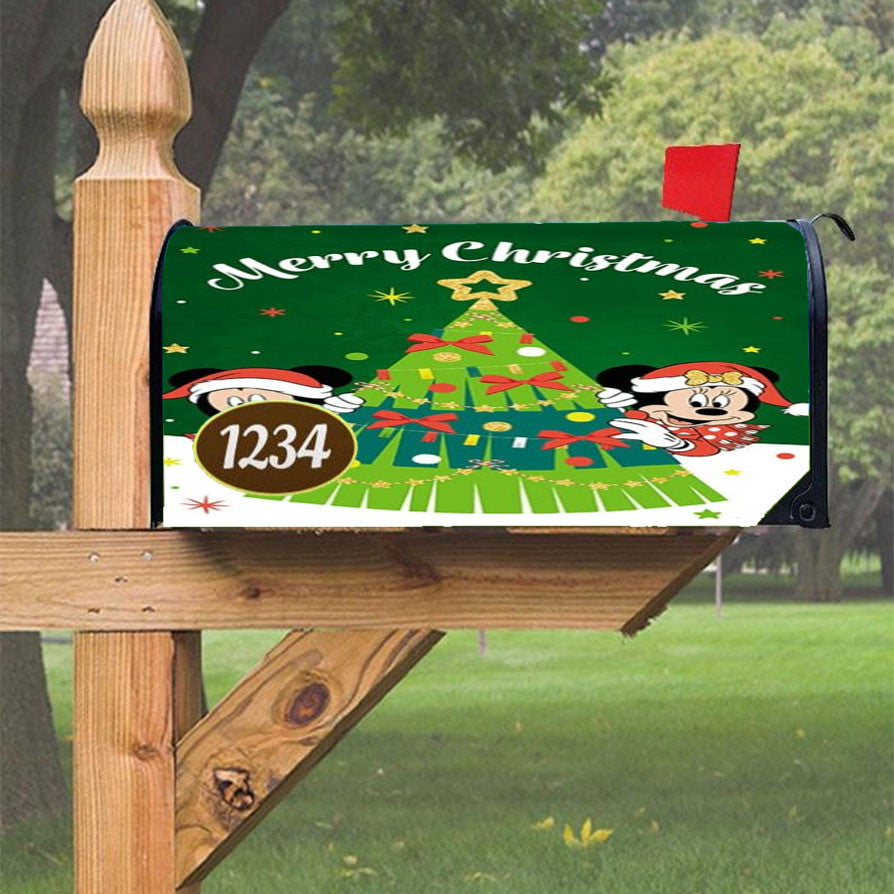 Merry Christmas Mickey And Minnie Tree Magnetic Mailbox Cover 18" X 21" Outdoor Decor