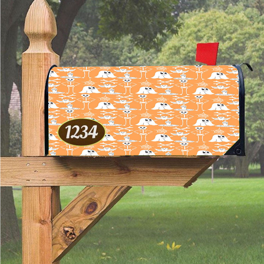 Orange Pattern Halloween Ghost Skeleton Magnetic Mailbox Cover 18" X 21" Outdoor Decor