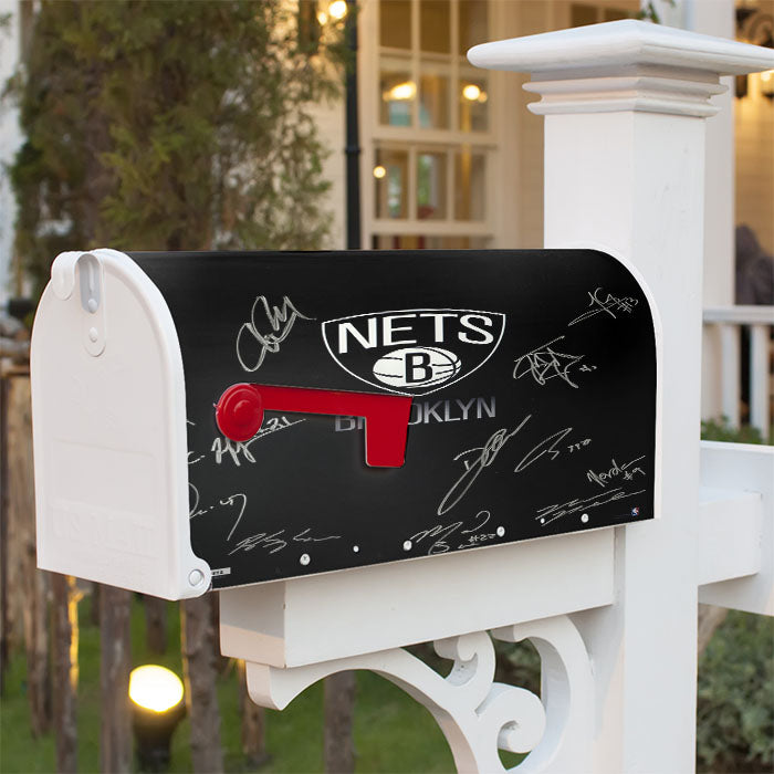 Brooklyn Nets Team Signed Logo Dark Wood Wallpaper Magnetic Mailbox Cover 18" X 21" Outdoor Decor