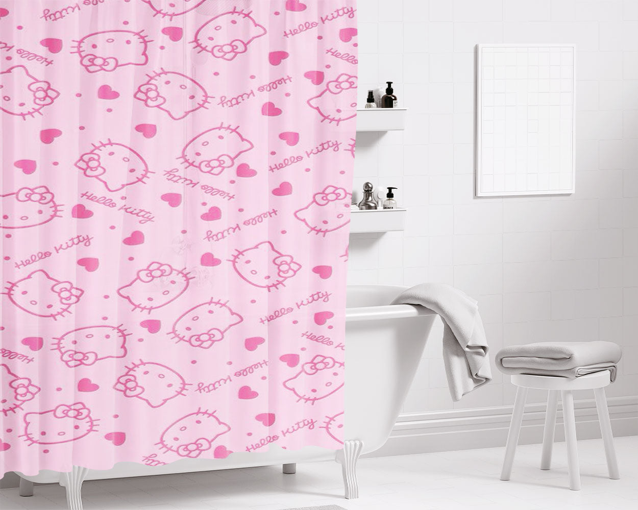 Kitty Cat Love Glow Pattern Bathroom Shower Curtain Fabric Waterproof | 66 X 72 Inch
