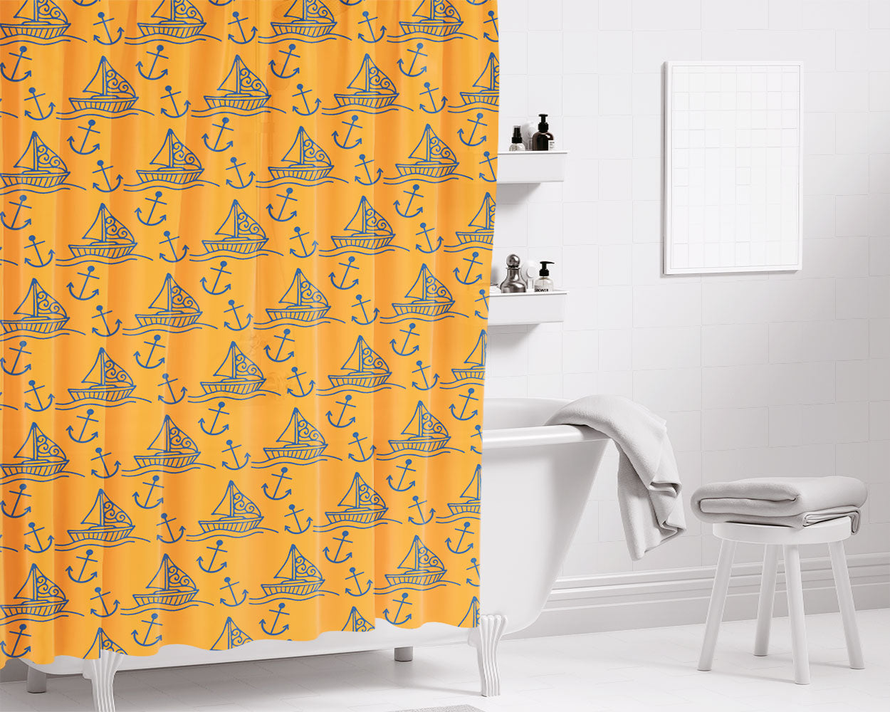 Orange Blue Sailor Ship Pattern Art Prints Bathroom Shower Curtain Fabric Waterproof | 66 X 72 Inch