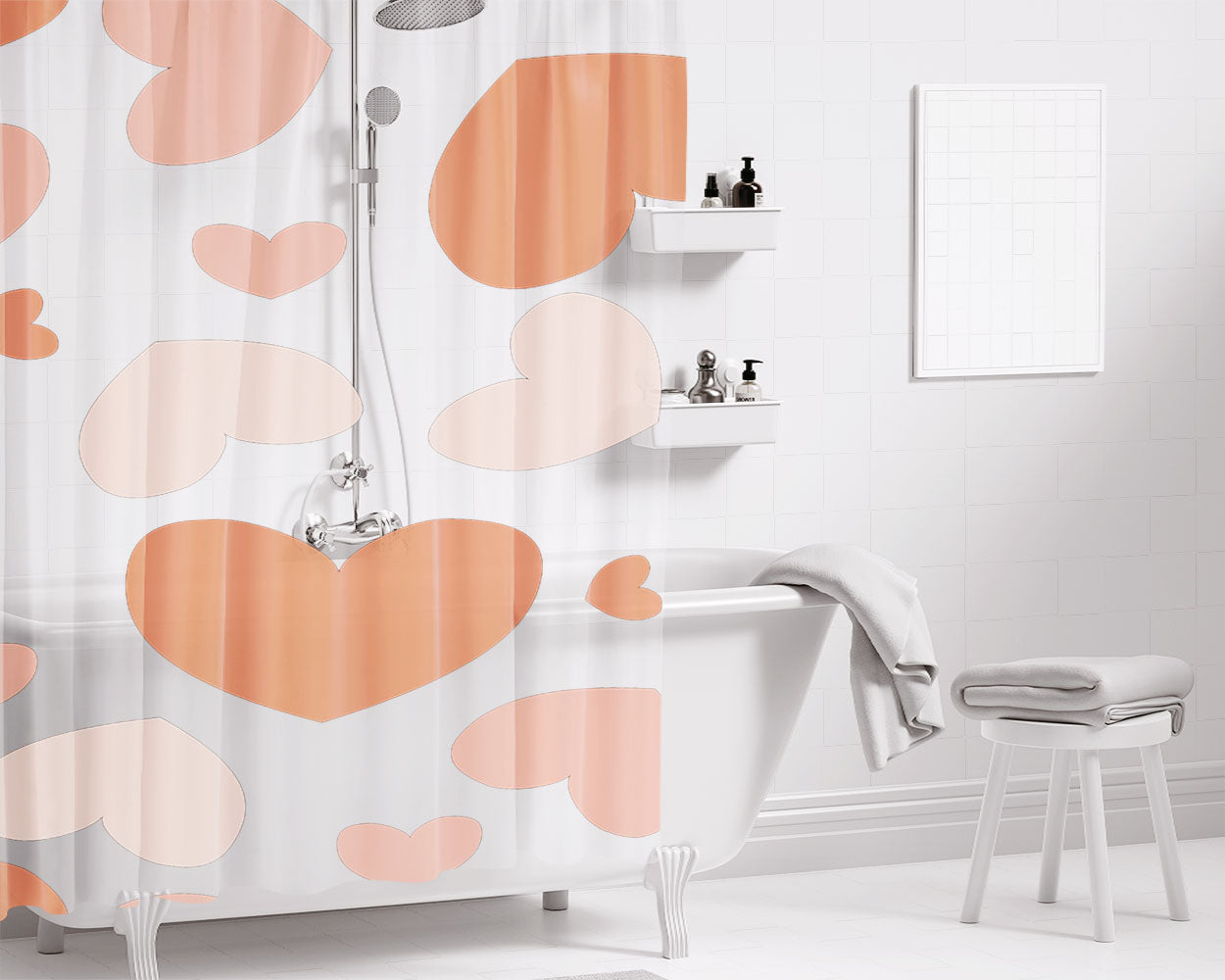 Peach Pattern Of Heart Bathroom Shower Curtain Fabric Waterproof | 66 X 72 Inch