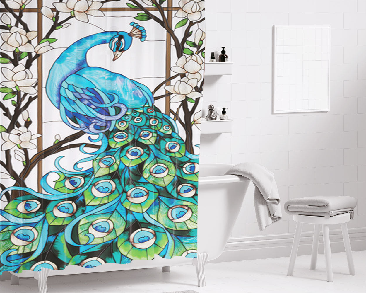 Peacock Tiffany Bathroom Shower Curtain Fabric Waterproof | 66 X 72 Inch