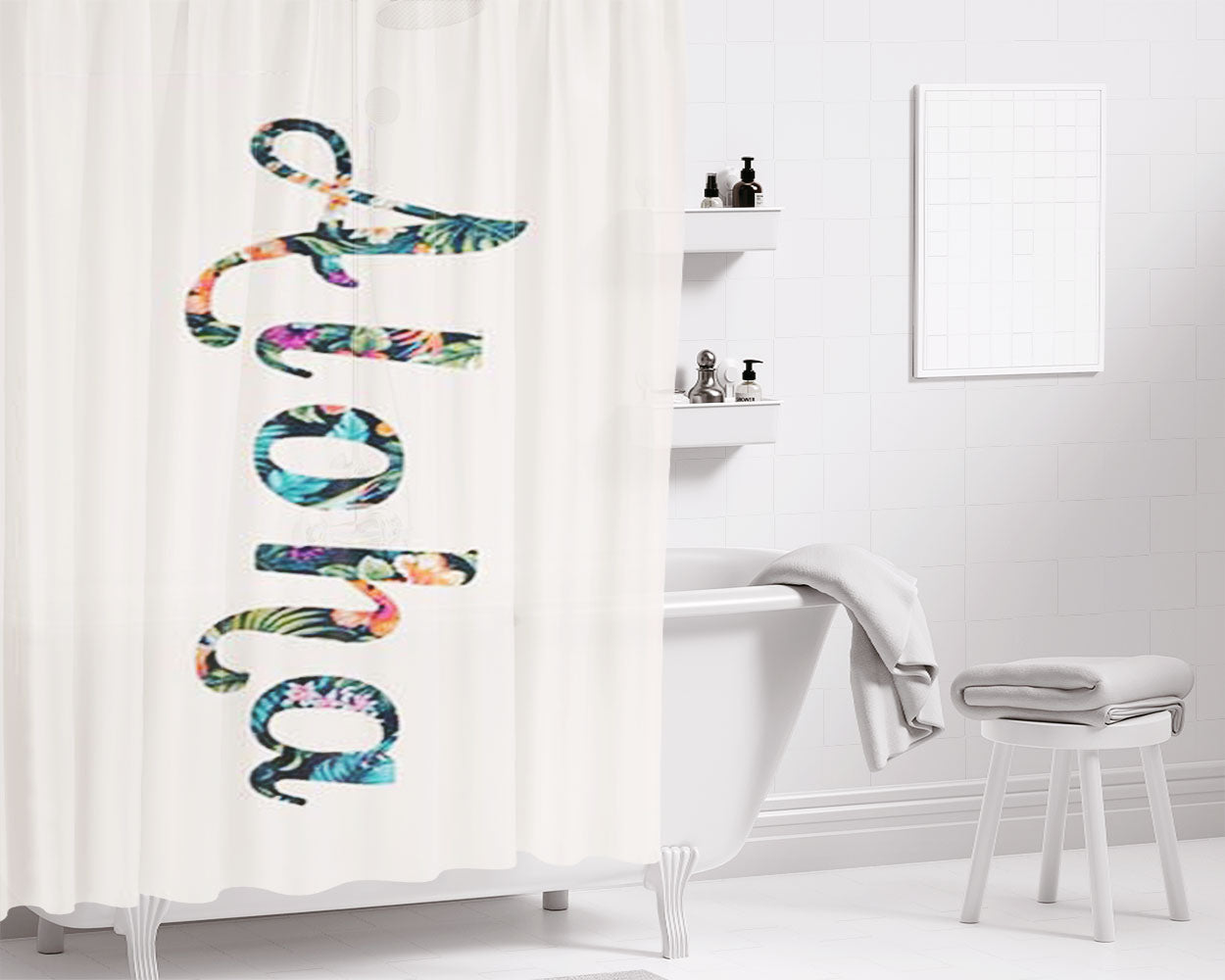 Aloha Leaf And Flower Wallpaper Bathroom Shower Curtain Fabric Waterproof | 66 X 72 Inch