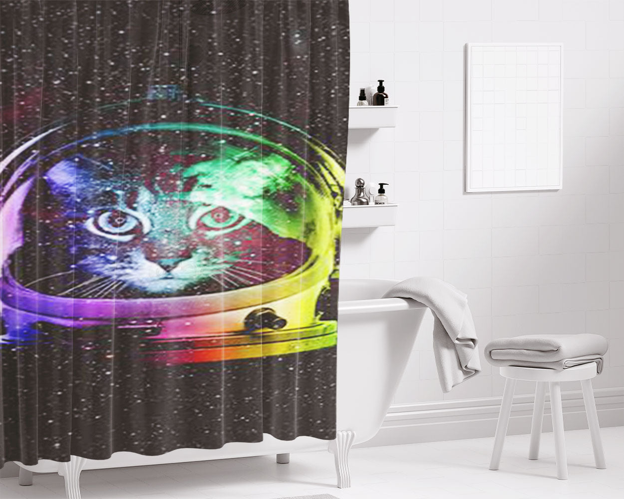 Astro Cat Galaxy Nebula Bathroom Shower Curtain Fabric Waterproof | 66 X 72 Inch
