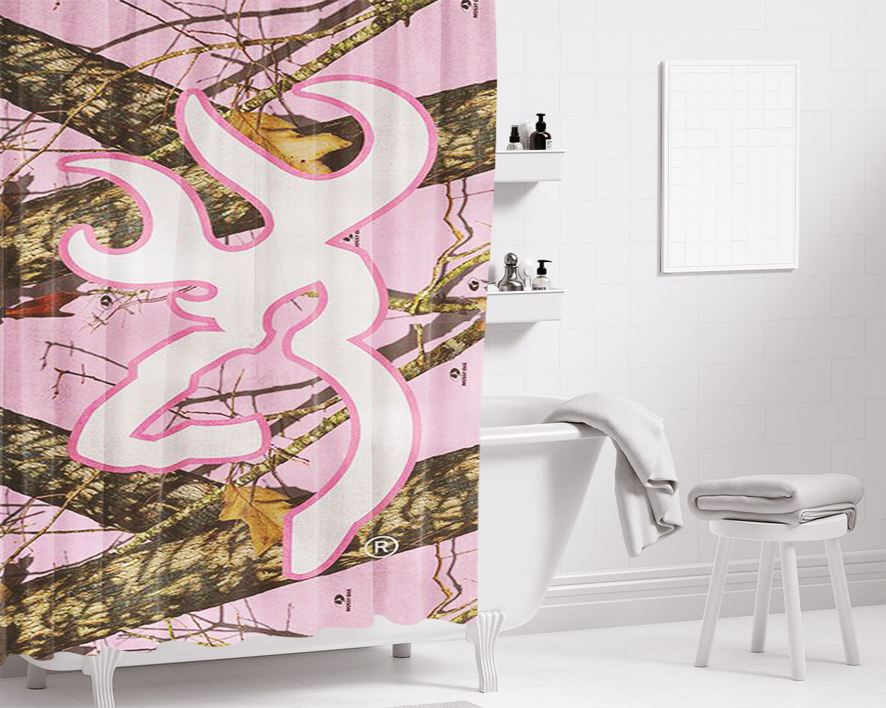 Browning Buckmark Pink Camo White Beach Towel Bathroom Shower Curtain Fabric Waterproof | 66 X 72 Inch
