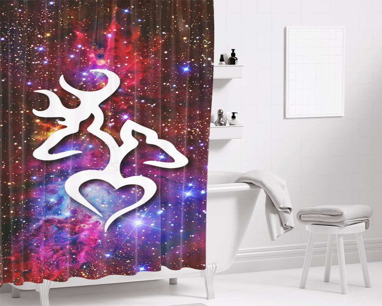 Browning Deer Love Galaxy Nebula Bathroom Shower Curtain Fabric Waterproof | 66 X 72 Inch