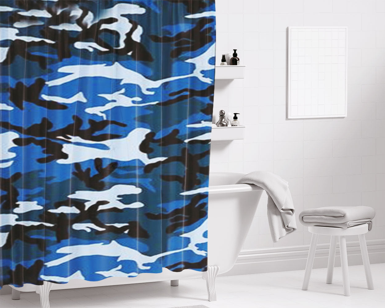 Camouflage Army Blue Bathroom Shower Curtain Fabric Waterproof | 66 X 72 Inch