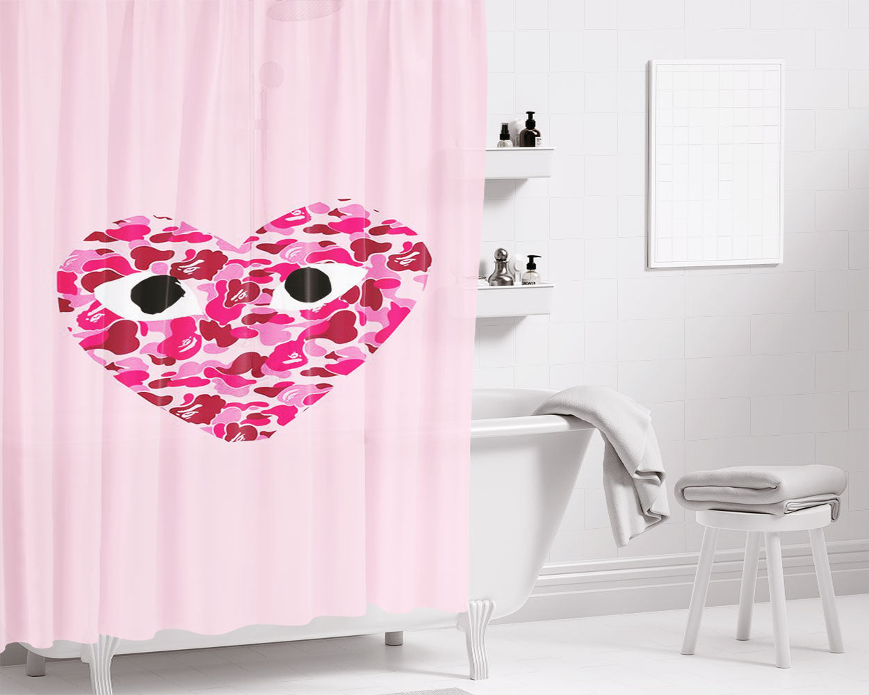 Cdg Love Bape Pattern Style Bathroom Shower Curtain Fabric Waterproof | 66 X 72 Inch