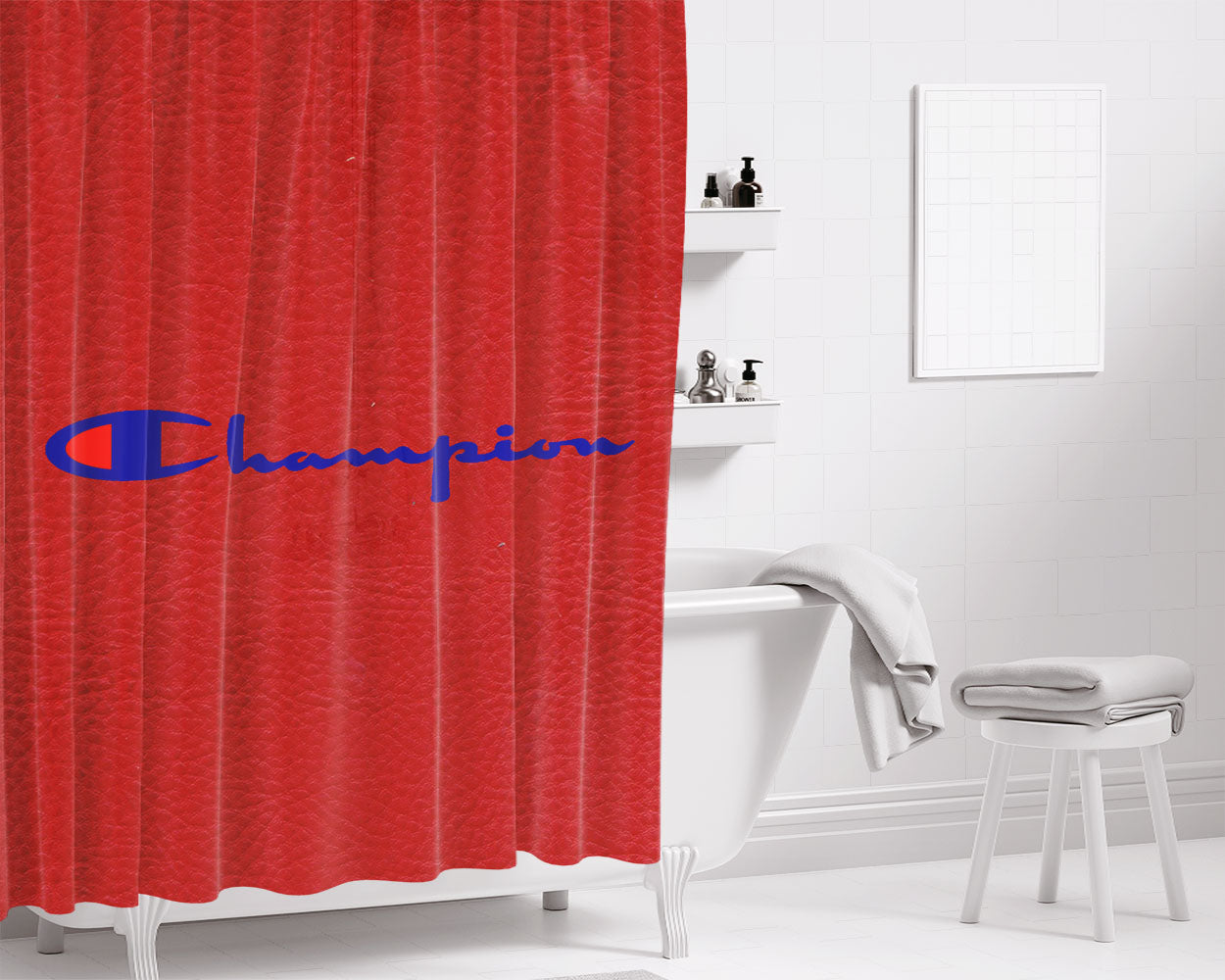 Champion Red Motif Bathroom Shower Curtain Fabric Waterproof | 66 X 72 Inch