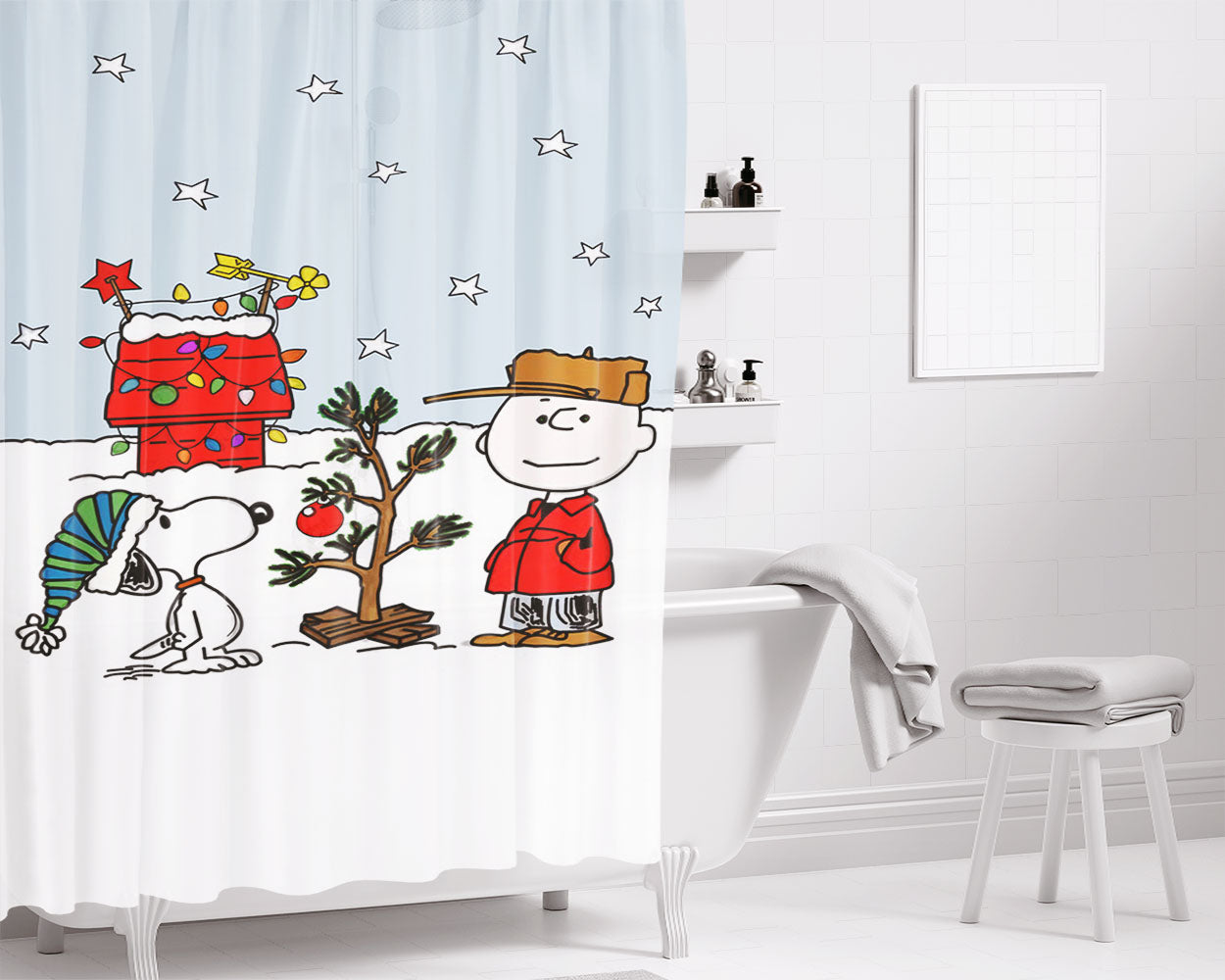 Charlie Brown Blue Bathroom Shower Curtain Fabric Waterproof | 66 X 72 Inch