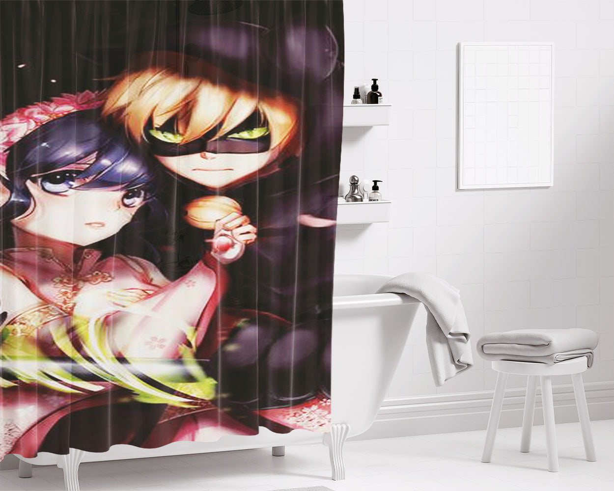Chat Noir And Marinette Kiss Bathroom Shower Curtain Fabric Waterproof | 66 X 72 Inch