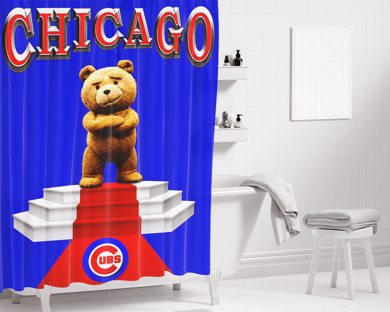 Chicago Cubs Blue Bear Bathroom Shower Curtain Fabric Waterproof | 66 X 72 Inch