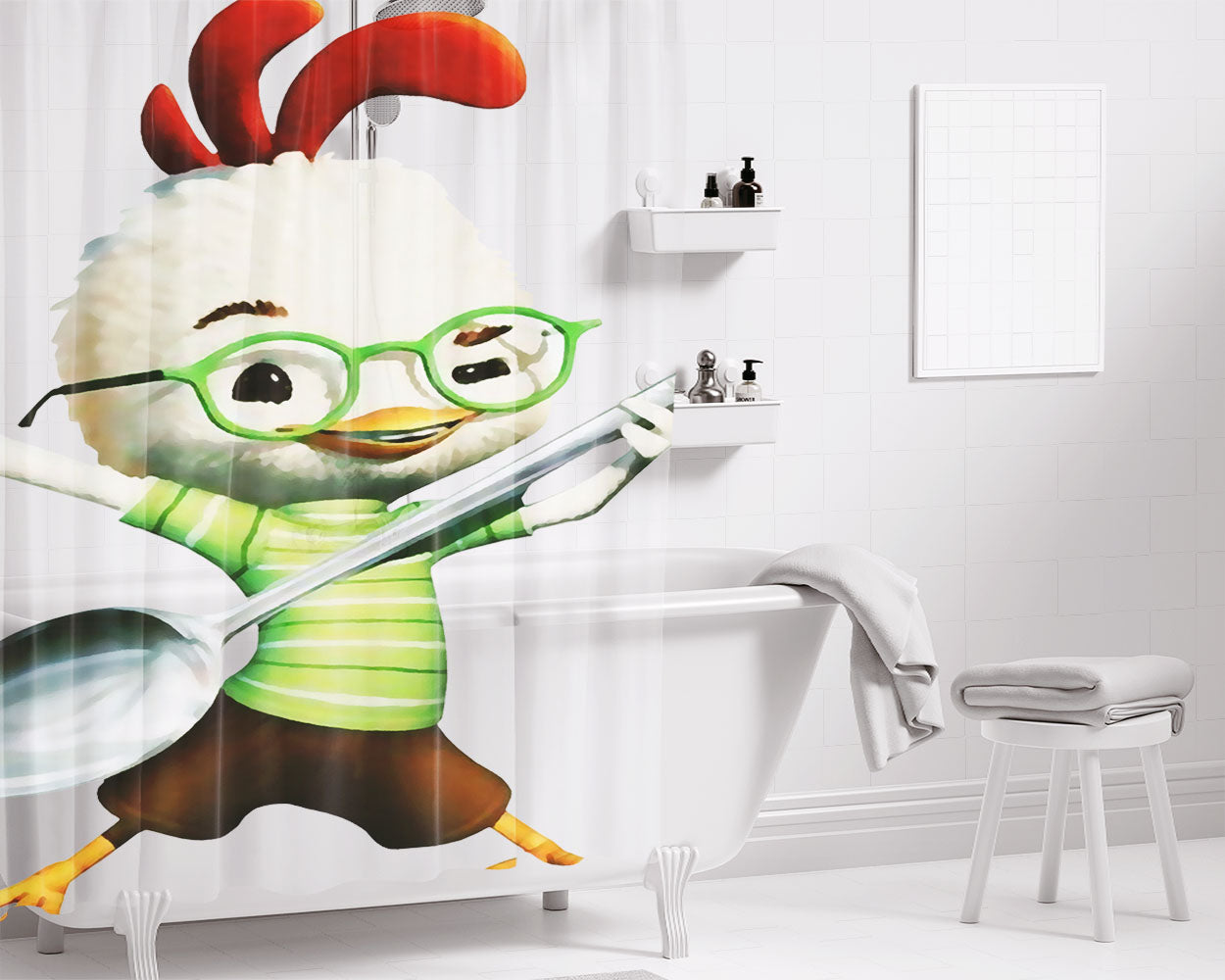 Chicken Little Film Hold A Guitar Spoon Bathroom Shower Curtain Fabric Waterproof | 66 X 72 Inch