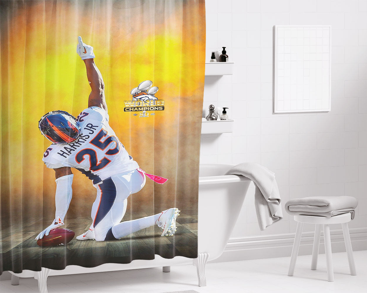 Chris Harris Jr Broncos World Champions N Bathroom Shower Curtain Fabric Waterproof | 66 X 72 Inch