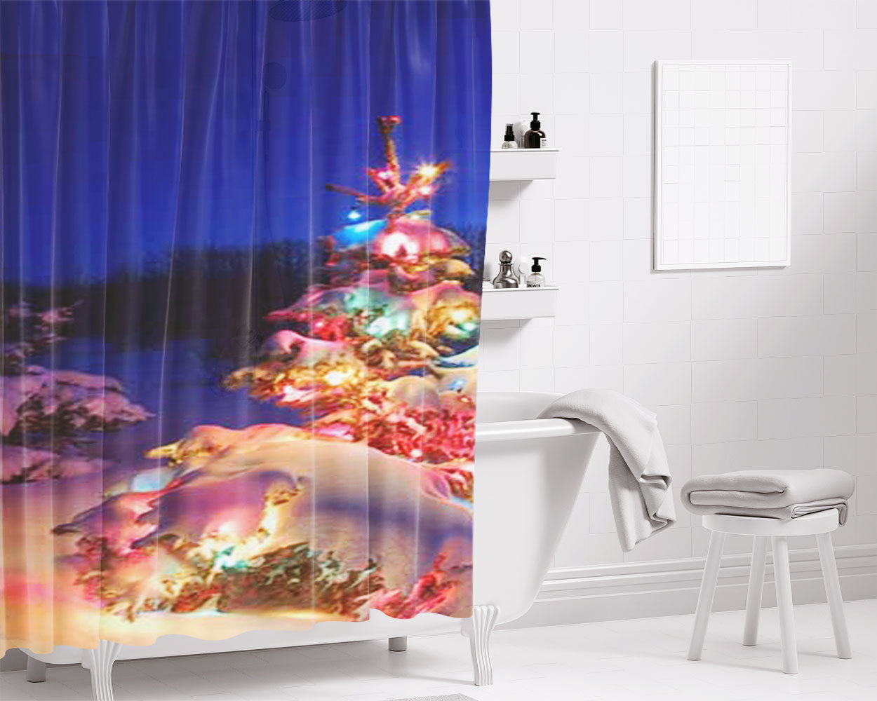 Christmas Tree Lit Up Bathroom Shower Curtain Fabric Waterproof | 66 X 72 Inch