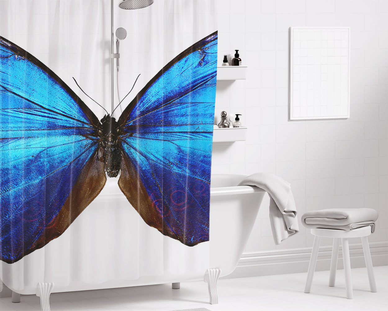 Glowing Blue Butterfly Bathroom Shower Curtain Fabric Waterproof | 66 X 72 Inch