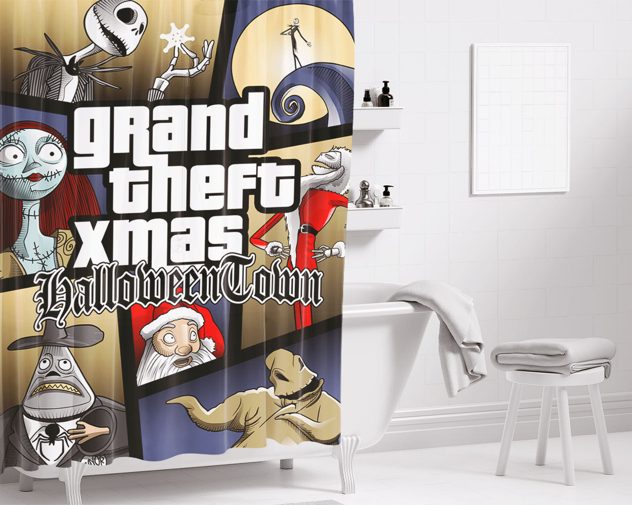 Grand Theft Xmas Halloweentown Bathroom Shower Curtain Fabric Waterproof | 66 X 72 Inch
