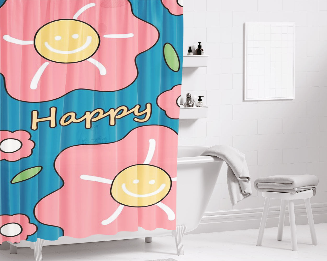 Happy Yellow Smiling Flowers Bathroom Shower Curtain Fabric Waterproof | 66 X 72 Inch
