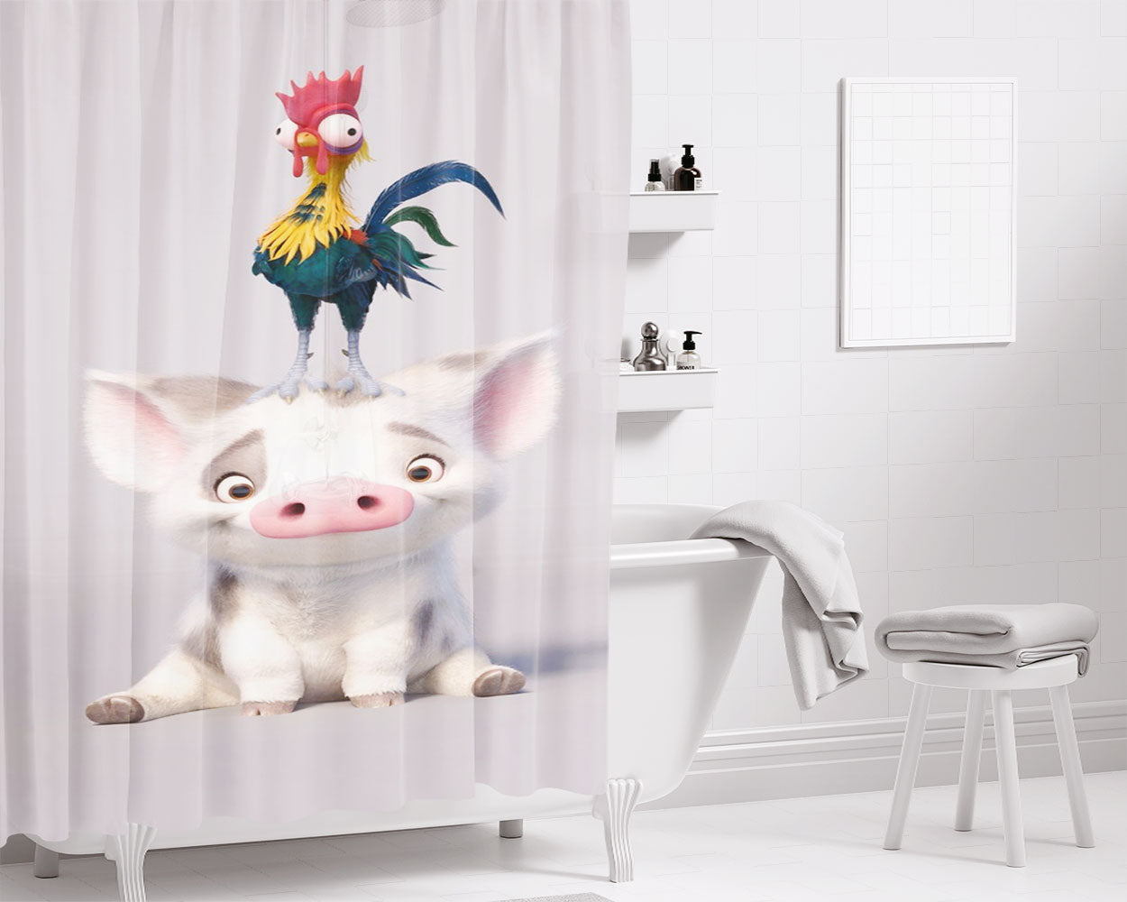 Hei Hei Chicken And Pua Moana Bathroom Shower Curtain Fabric Waterproof | 66 X 72 Inch