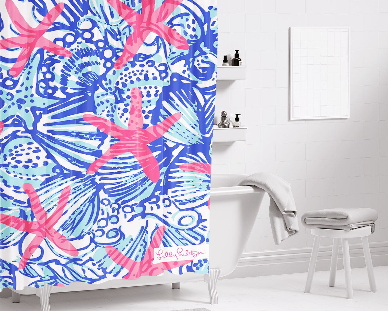 Summer She She Shell Lilly Pulitzer Bathroom Shower Curtain Fabric Waterproof | 66 X 72 Inch