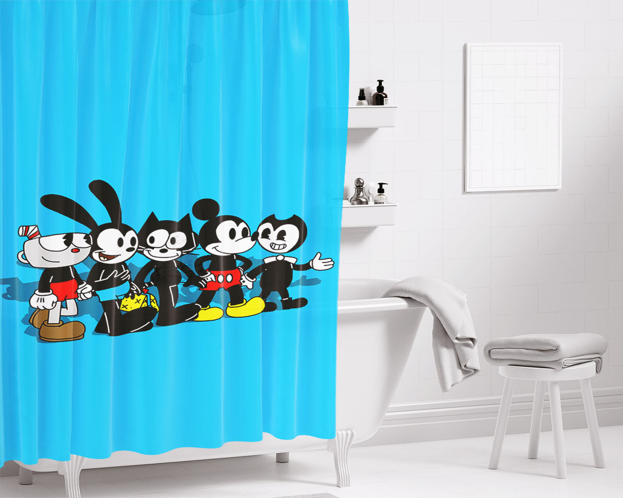 Cuphead Oswald Felix Mickey Bendy Walking Together Bathroom Shower Curtain Fabric Waterproof | 66 X 72 Inch
