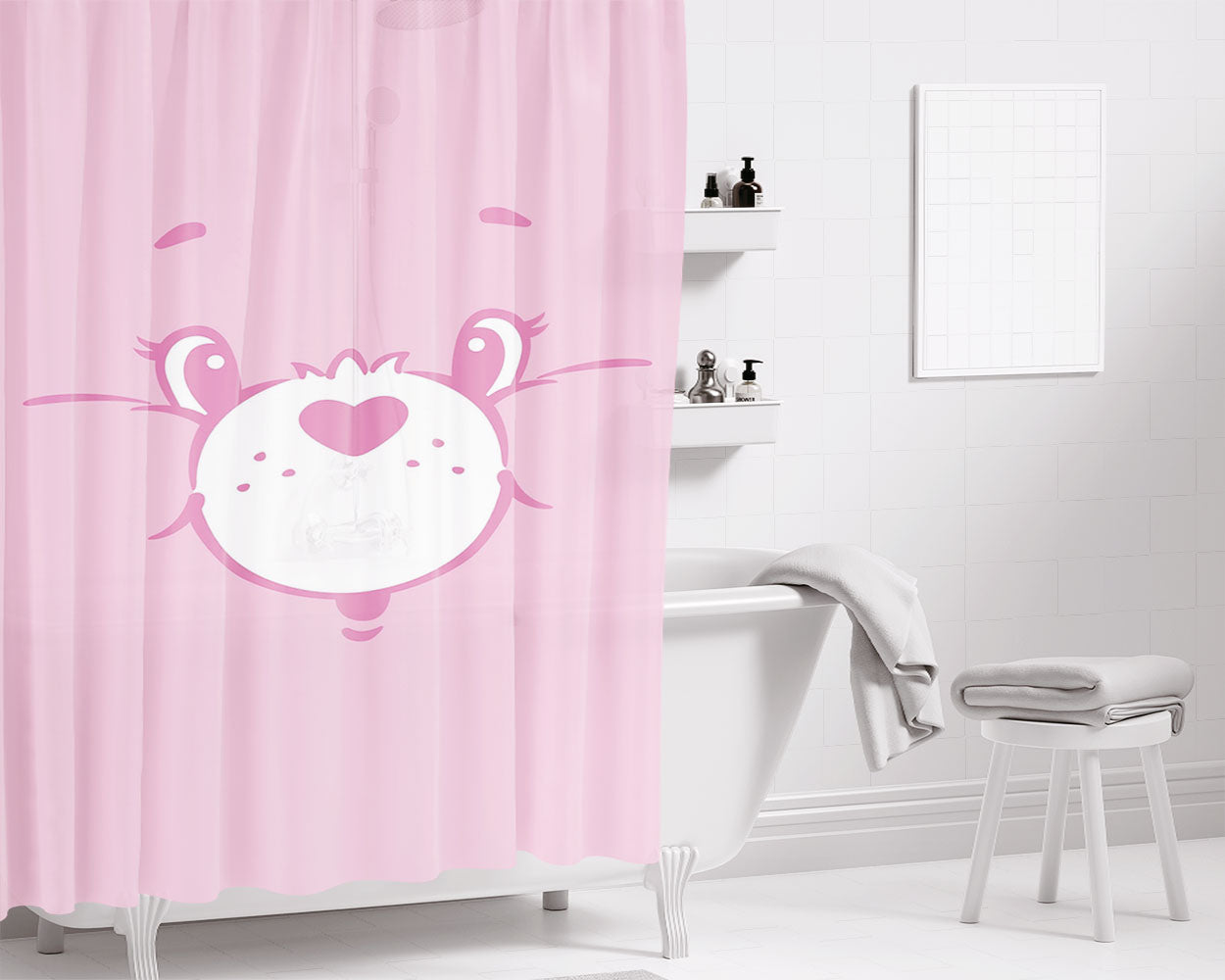 Cute Pink Care Bear Wallpaper Bathroom Shower Curtain Fabric Waterproof | 66 X 72 Inch