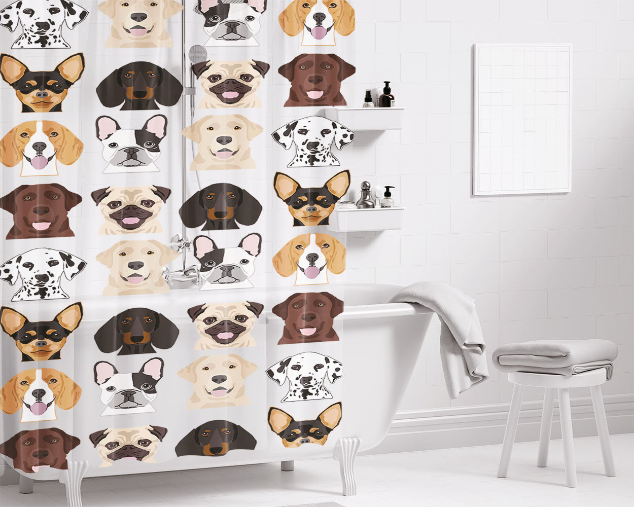 Cute Puppies Head Pure Breed Dog Collage Bathroom Shower Curtain Fabric Waterproof | 66 X 72 Inch