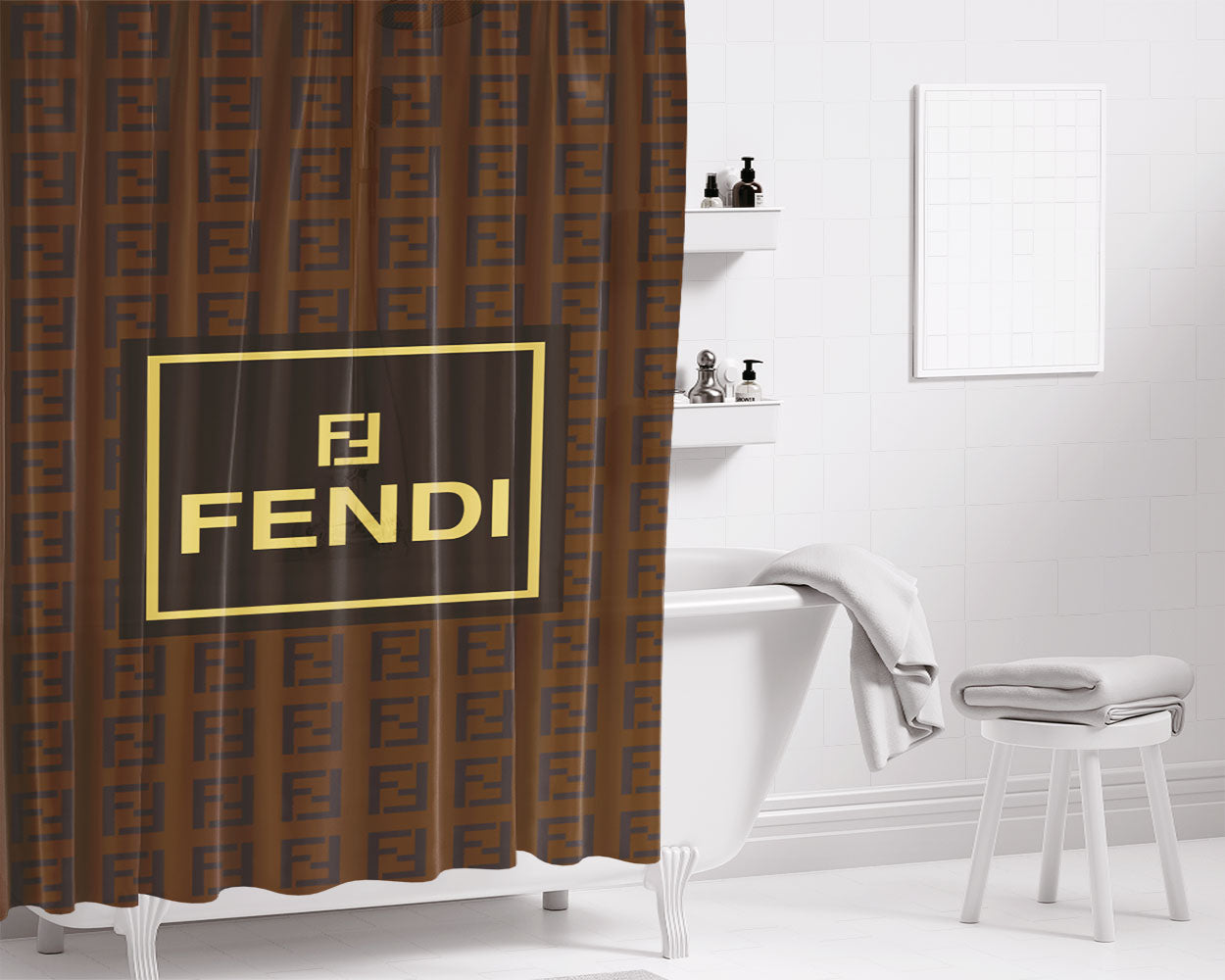 Fl Fendi Pattern Bathroom Shower Curtain Fabric Waterproof | 66 X 72 Inch
