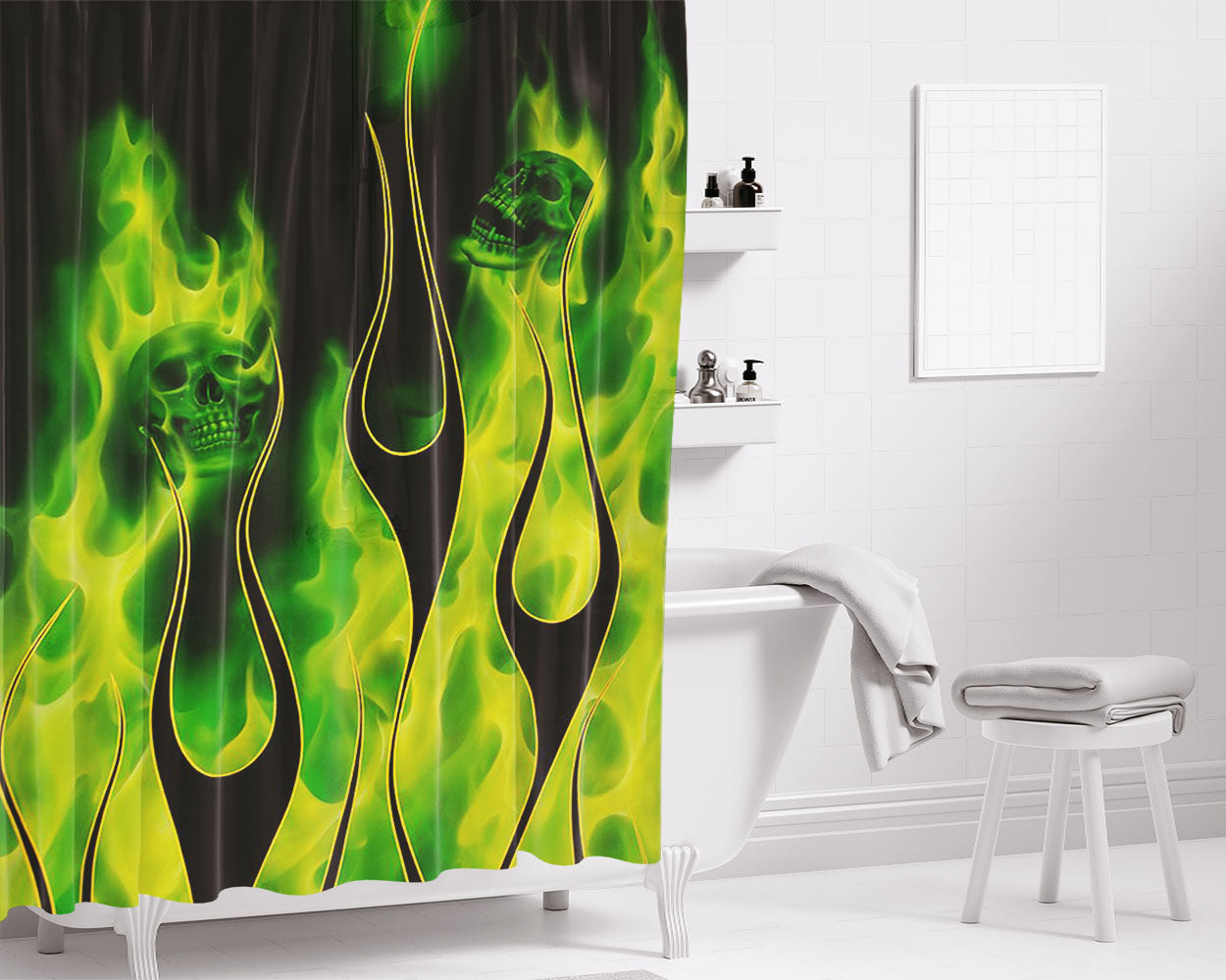 Flaming Skull Motorcycle Gang Bathroom Shower Curtain Fabric Waterproof | 66 X 72 Inch