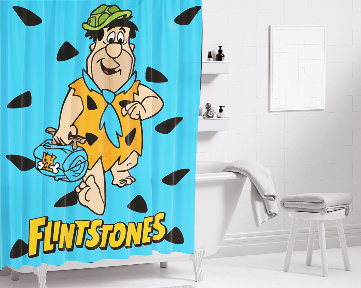 Fred Flintstone Pattern Bathroom Shower Curtain Fabric Waterproof | 66 X 72 Inch