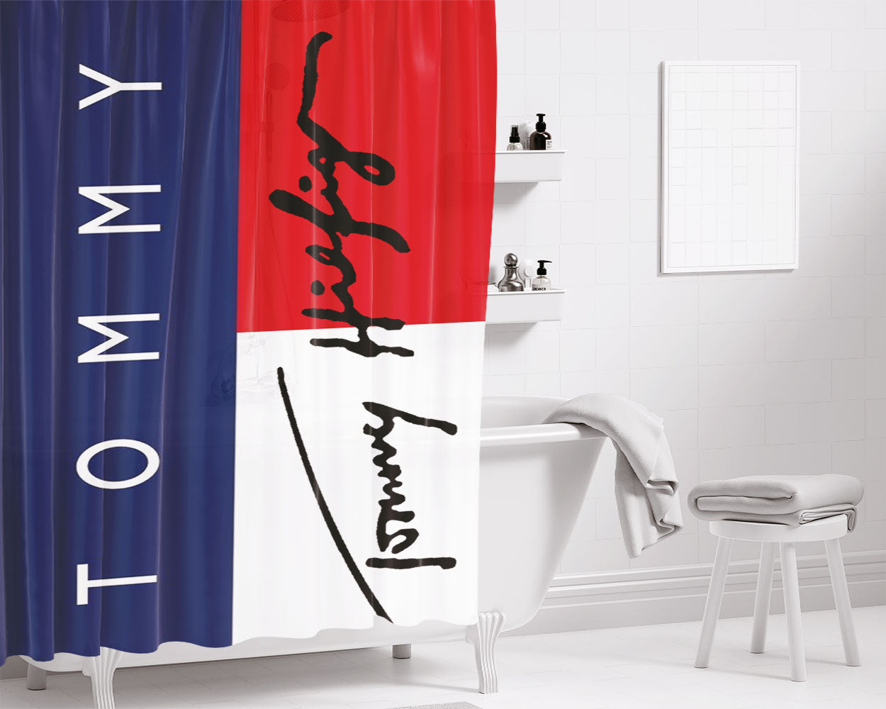 Tommy Hilfiger Shelby Logo Signature Bathroom Shower Curtain Fabric Waterproof | 66 X 72 Inch
