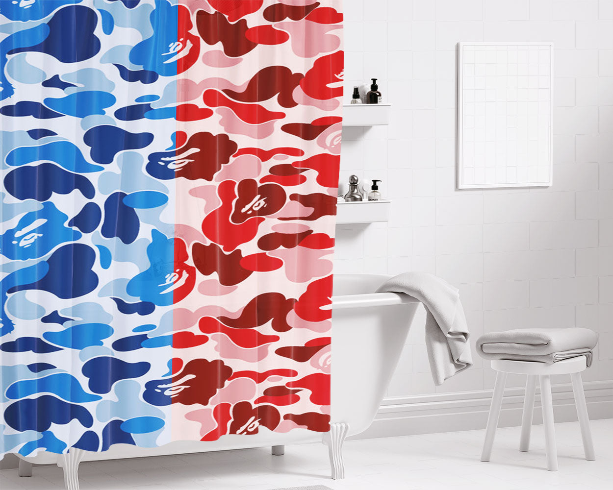 Bape Camo Blue Red Bathroom Shower Curtain Fabric Waterproof | 66 X 72 Inch