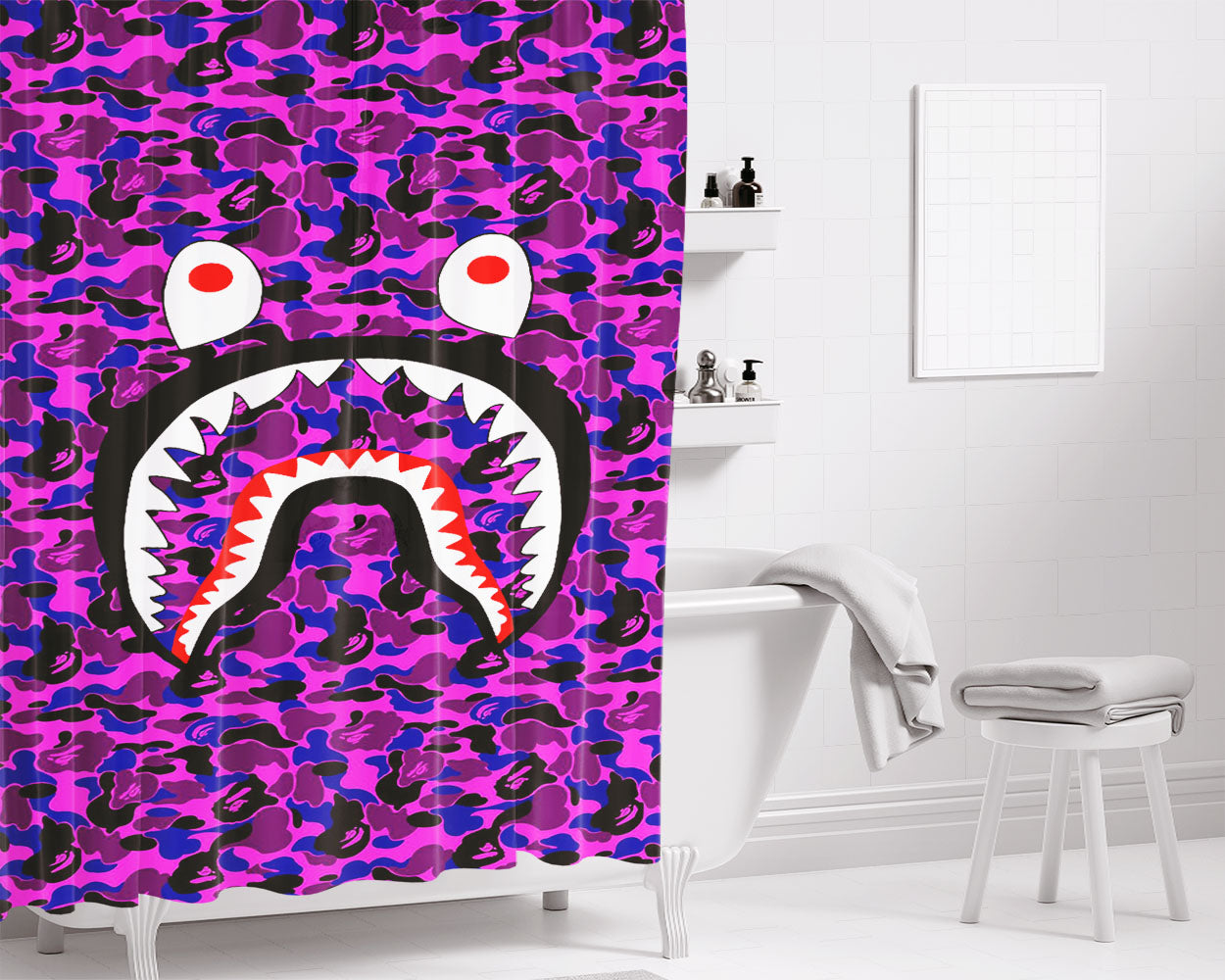 Bape Camo Shark Purple Bathroom Shower Curtain Fabric Waterproof | 66 X 72 Inch