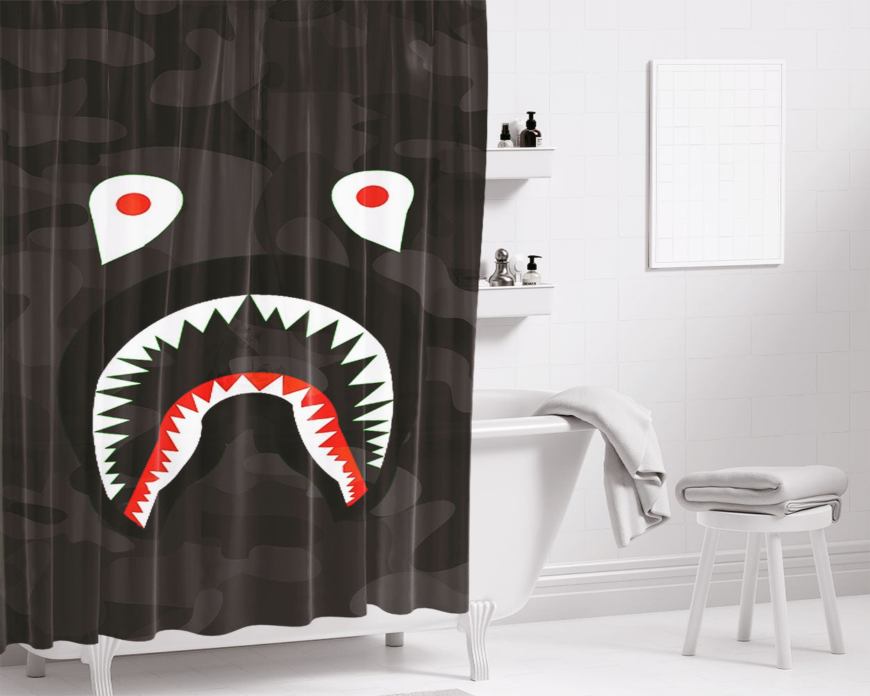 Bape Face Shark Black Camo Bathroom Shower Curtain Fabric Waterproof | 66 X 72 Inch