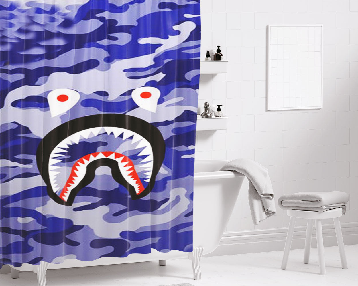 Bape Shark Purple Camo Bathroom Shower Curtain Fabric Waterproof | 66 X 72 Inch