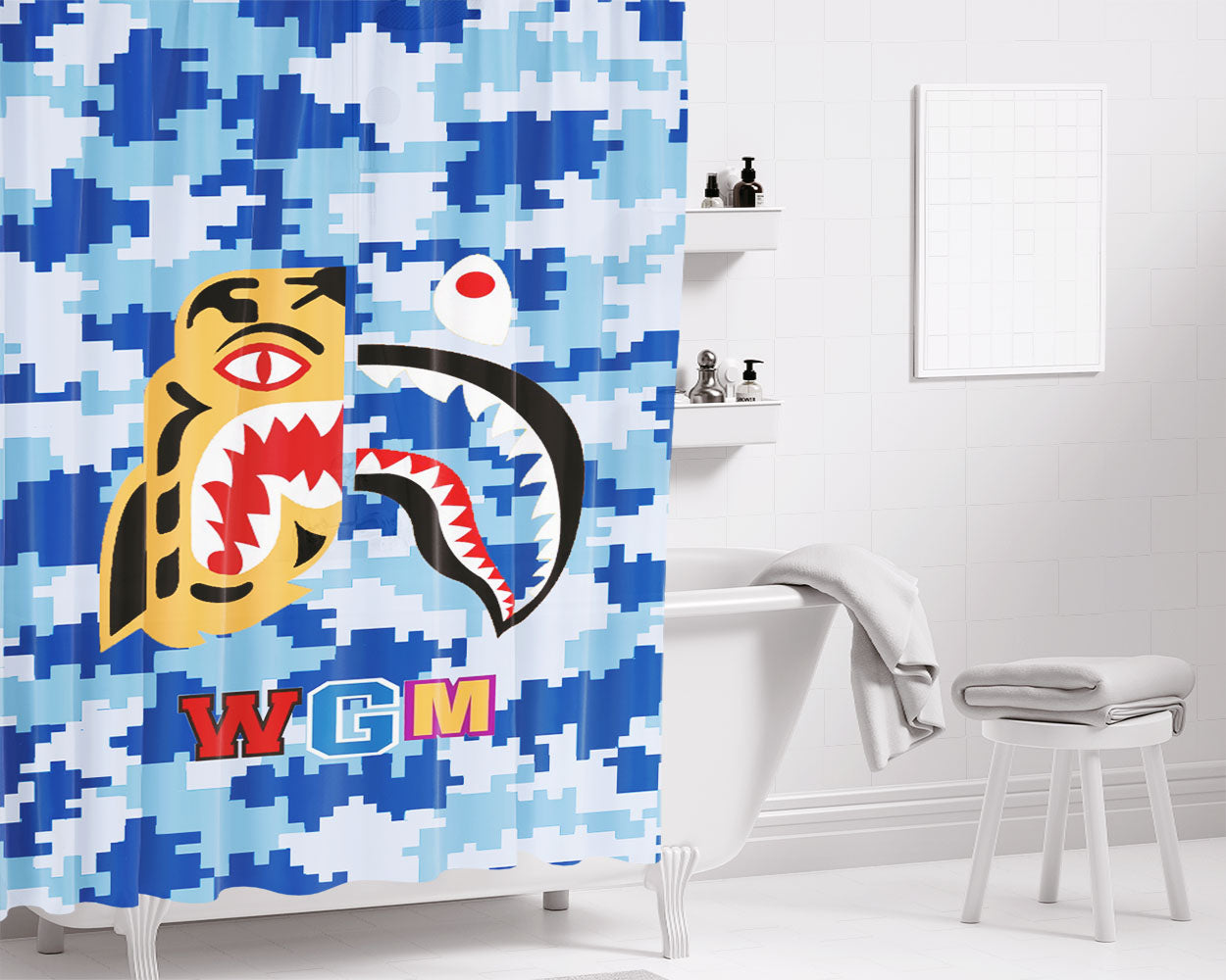 Bape Tiger Shark Blue 8 Bit Bathroom Shower Curtain Fabric Waterproof | 66 X 72 Inch
