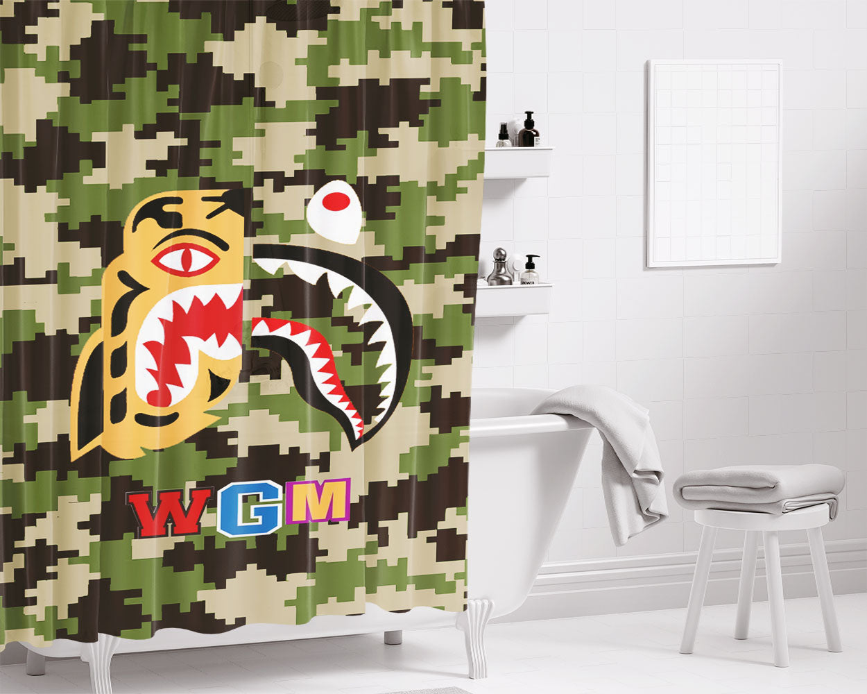 Bape Tiger Shark Green 8 Bit Bathroom Shower Curtain Fabric Waterproof | 66 X 72 Inch