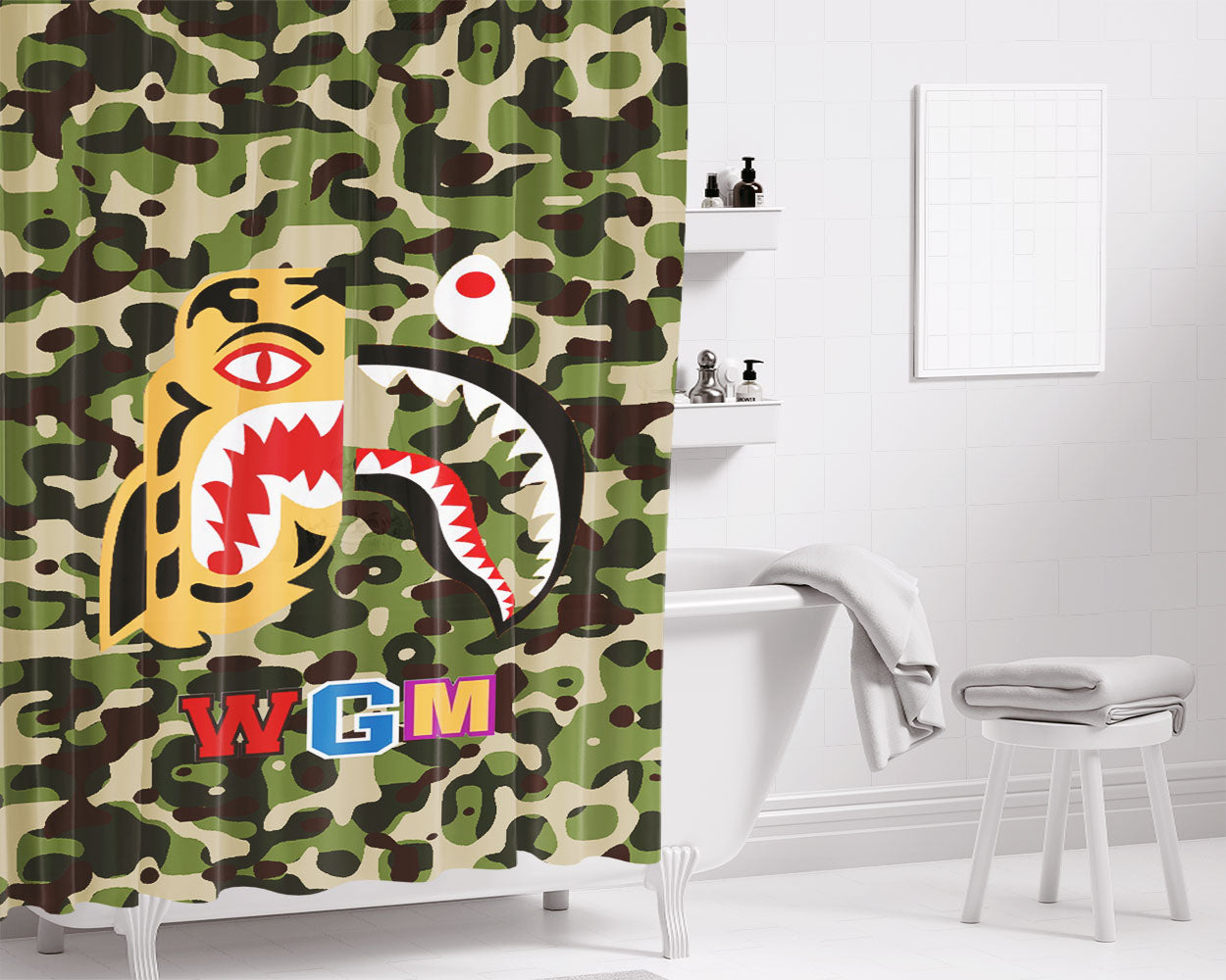 Bape Tiger Shark Green Bathroom Shower Curtain Fabric Waterproof | 66 X 72 Inch