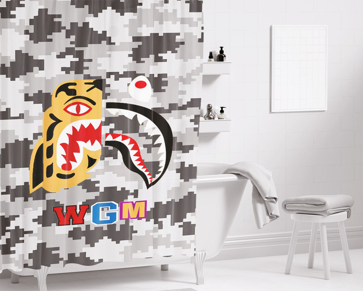 Bape Tiger Shark Grey 8 Bit Bathroom Shower Curtain Fabric Waterproof | 66 X 72 Inch