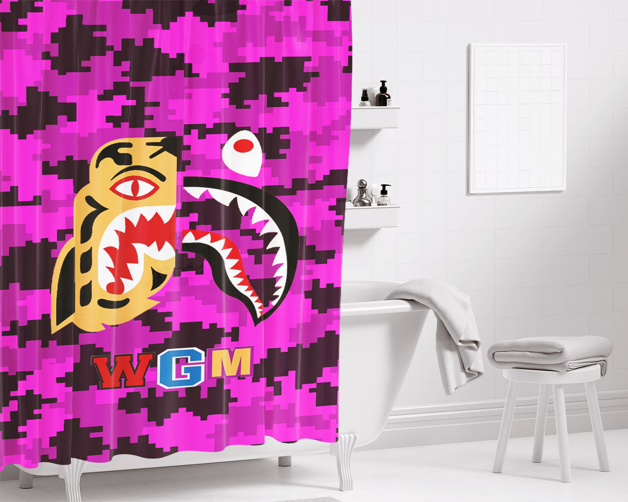 Bape Tiger Shark Purple 8 Bit Bathroom Shower Curtain Fabric Waterproof | 66 X 72 Inch