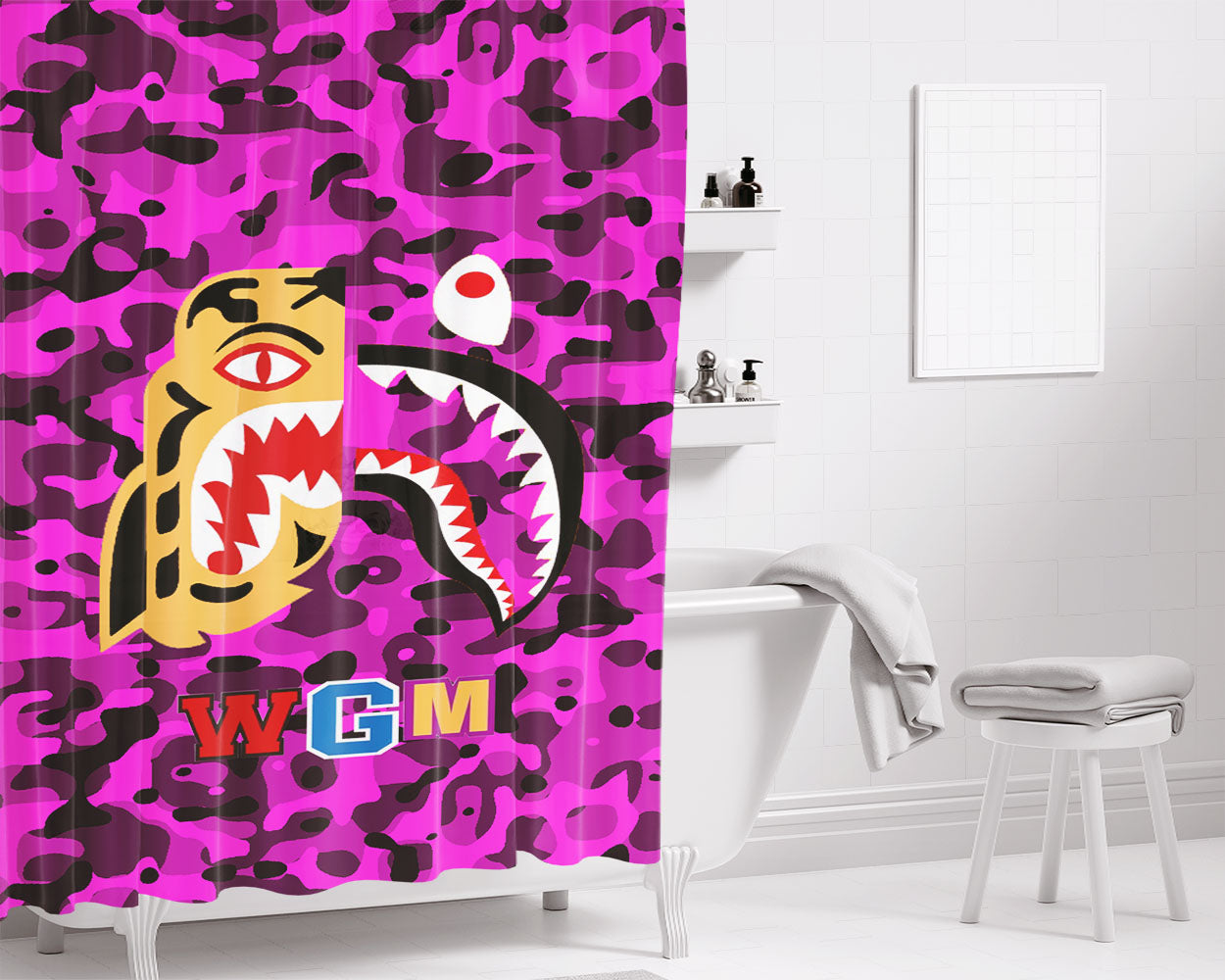 Bape Tiger Shark Purple Bathroom Shower Curtain Fabric Waterproof | 66 X 72 Inch