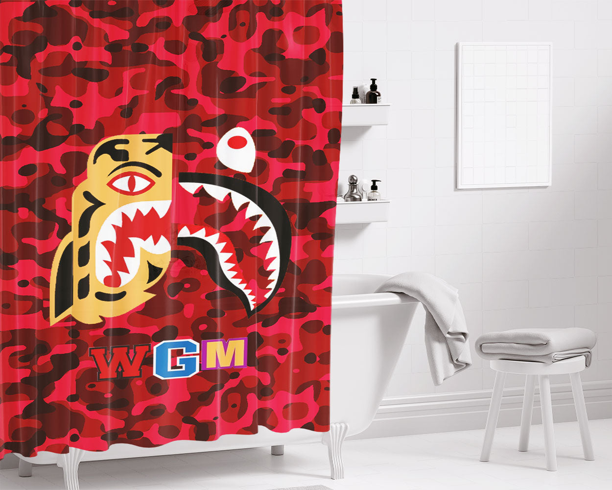 Bape Tiger Shark Red Bathroom Shower Curtain Fabric Waterproof | 66 X 72 Inch