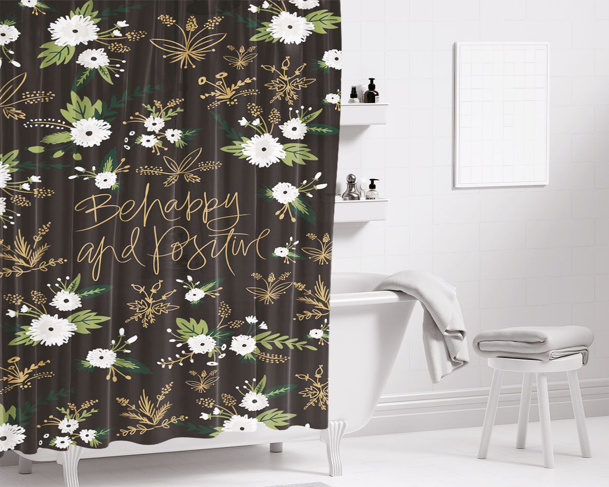 Be Happy And Positive August Bathroom Shower Curtain Fabric Waterproof | 66 X 72 Inch